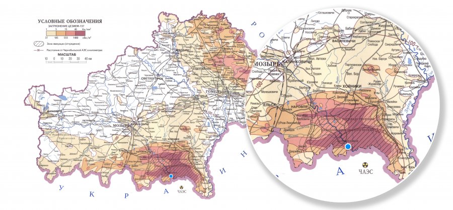 Карта радиоактивного загрязнения гомельской области